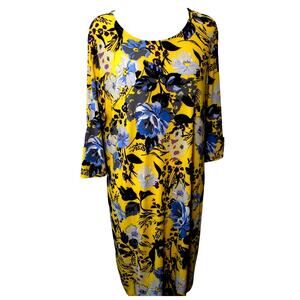 Alexandra +Oak Yellow Blude Floral Sheath Dress Size XL 3/4 Sleeves Flattering